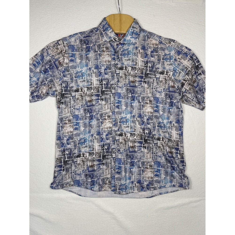 7 Downie St‎ Couture Shirt Mens M Blue Geometric Abstract Short Sleeve cotton